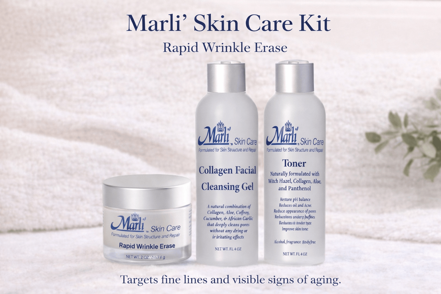 Kit Completo para el Cuidado de la Piel Marli Rapid Wrinkle Erase (Con Crema Rapid Wrinkle Erase, Gel Limpiador Facial de Colágeno y Tónico Equilibrante de pH)